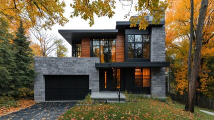 Contemporary Montreal residence with grey stone and wood facade, black garage, in a picturesque autumn setting
