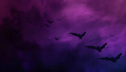 Fototapeta premium Silhouettes of bats flying across a gradient night sky, transitioning from deep purple to black