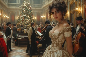 A Victorian Christmas party scene, with elegantly dressed women in gowns and men in waistcoats, gathered in a grand ballroom with a decorated tree and musicians playing