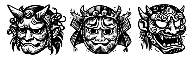 set of japanese mythological masks, black vector illustrations