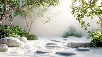 A peaceful zen garden with smooth stones arranged in white sand. The scene is simple and calming, perfect for relaxation and meditation.