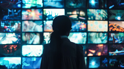 Woman is looking at a large screen with many different images on it. Scene is one of curiosity and wonder, as the woman seems to be fascinated by the variety of images on the screen