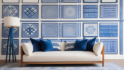 white sofa among blue motifs pottery near patterned wall boho eclectic bohemian interior design modern living room