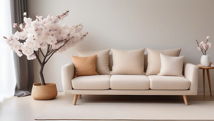 wicker pot blossom tree near beige sofa many pillows plaid scandinavian interior design modern stylish living room