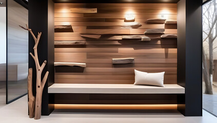 wild stone cladding wall wooden bench decorative tree trunks composition rustic style interior design modern entrance hall