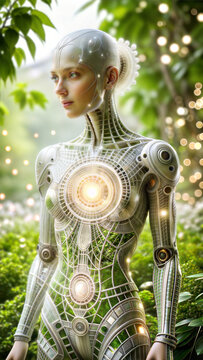 A futuristic bio-robot woman with glowing circuits standing in a lush green garden