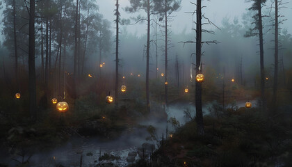 misty forest at dusk with faint glowing pumpkins