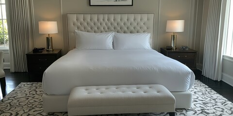 Luxurious bedroom with ornate decorations, featuring a plush king-sized bed with white bedding, two elegant bedside lamps, and dark wooden nightstands