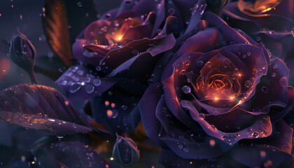 dark roses with flickers of light reflecting on dewdrops