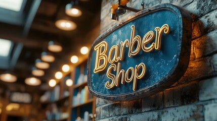 A cozy and inviting barbershop with a vintage-inspired illuminated signboard, showcasing warm ambient lighting and a stylish interior setting