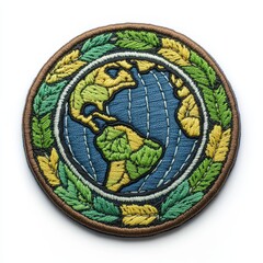 Globe green leaves embroidered patch badge on isolated white background, vector badge and patch collection for print or embroidery
