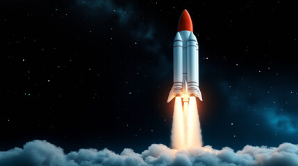 Obraz premium Rocket launching into the night sky, ascending through clouds with bright flames at the base