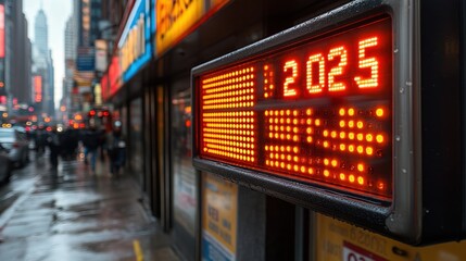 Digital neon street signs illuminate a bustling urban area on a rainy day, reflecting the vibrant and high-paced city life