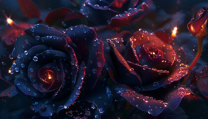 dark roses with flickers of light reflecting on dewdrops