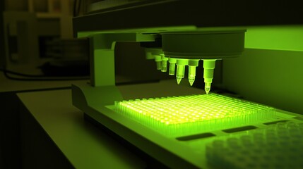 Automated Pipetting System in Action with Green Lighting