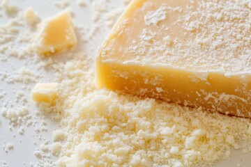 old aged brittle parmesan, expensive parmesan, quality parmesan on white background, place for text
