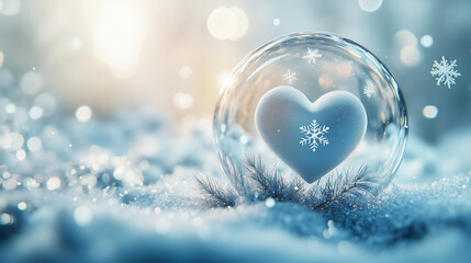 White heart in snow globe with snowflakes on frosty background