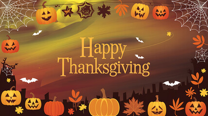 Orange and brown pumpkins with a Happy Thanksgiving greeting on a watercolor background. A festive autumnal celebration. 
