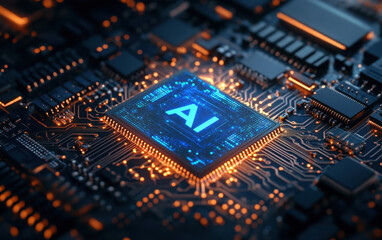 Fototapeta premium 3D render AI artificial intelligence technology CPU central processor unit chipset on the printed circuit board for electronic and technology concept select focus shallow depth of field 
