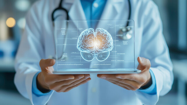Doctor in a futuristic hospital holding digital screen  to access brain treatment data, diagnose and treatment in brain disease, technological advancement in medicine.