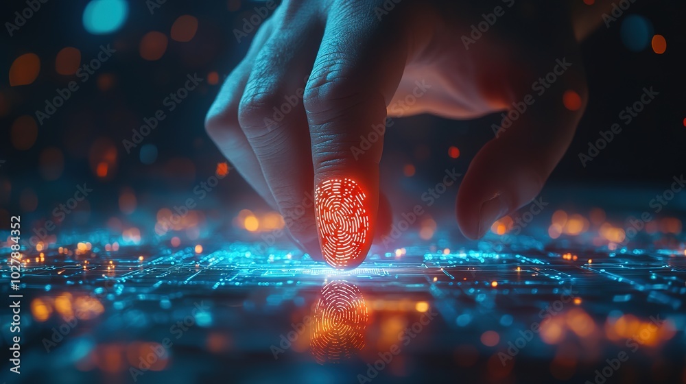 Poster man using thumb to scan finger print or for digital processing bio-metric identification to access s