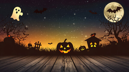 Fototapeta premium Spooky Halloween night scene with orange pumpkins and a dark silhouette of a house, perfect for spooky holiday designs. 
