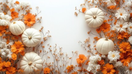 Elegant white pumpkins combined with autumnal flowers create a chic seasonal design, perfect for advertising home decor collections and seasonal items during Halloween and Thanksgiving."