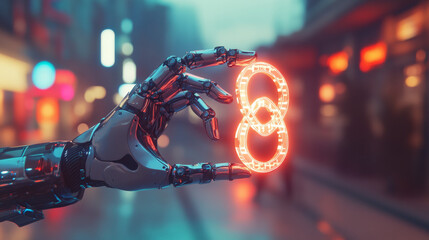 A robot hand holding a symbol of infinity in a virtual world. This represents the future of artificial intelligence (AI) in the metaverse.