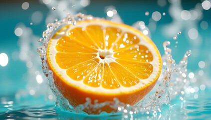 Fresh orange slices with water splash on blue water background