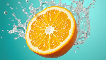 Fresh orange slices with water splash on blue water background
