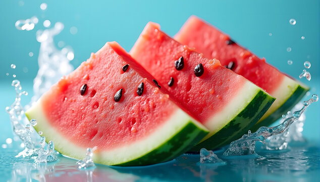 Fresh super red watermelon slices with splashing water on a blue background