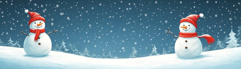 Cheerful Snowmen with Scarves in a Winter Landscape