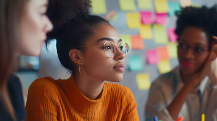 A multicultural group of coworkers participating in a creative brainstorming session using colorful sticky notes and markers.