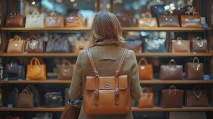 Fototapeta premium A woman admires a display of various leather bags in a store.