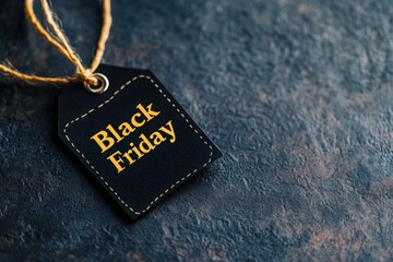 Black tag with text "BLACK FRIDAY SALE" on a dark background, empty space for your design or logo, top view. Black Friday sale concept. Black Friday advertising promotion poster design concept.