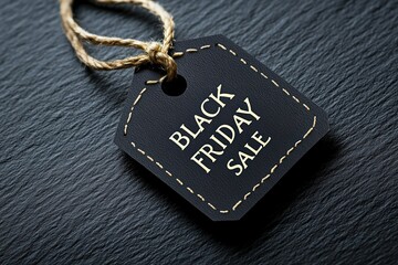 Black tag with text "BLACK FRIDAY SALE" on a dark background, empty space for your design or logo, top view. Black Friday sale concept. Black Friday advertising promotion poster design concept.