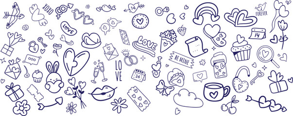 Valentines day doodles set. Love theme simple doodle illustration for design.