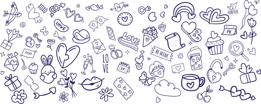 Valentines day doodles set. Love theme simple doodle illustration for design.