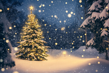 Fototapeta premium Magical Snowy Night Landscape with Glowing Christmas Tree and Cozy Cabin