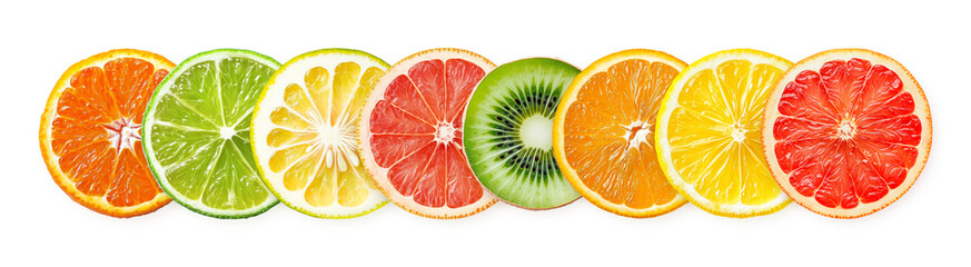 Slices of main citrus fruits such as lemon, mandarin, orange, kiwi, lime, pomelo and grapefruit on transparent background