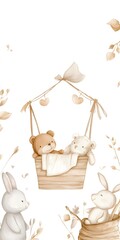 Adorable Bear and Bunny in a Cradle Nursery Illustration
