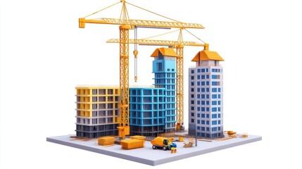 3D illustration of a construction site with two cranes and several buildings.