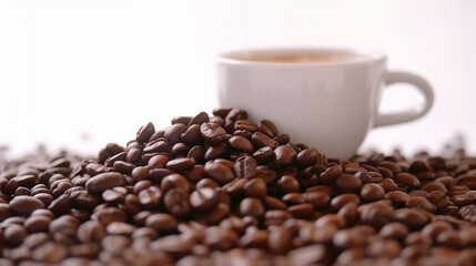 Fototapeta premium Cup filled with coffee set against a fresh coffee bean background. Room for text. Aerial shot