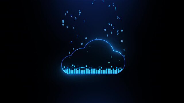 Cloud computing: data storage and transfer safety. Technology for secure storage and backup of digital information. Cyber cloud represented by binary code. Concept of a cloud database. Animated icon.