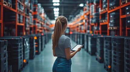 Fototapeta premium A woman holds a tablet while standing in a warehouse aisle filled with storage containers.