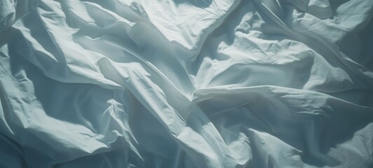Obraz premium A close-up of an empty bed with rumpled sheets, symbolizing restless sleep and insomnia, depicted in a minimalistic style