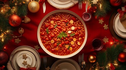 Italian lentil stew with Cotechino sausage served on a festive holiday table, decorated with red tablecloth