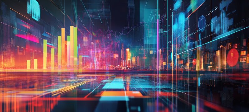 A corporate-style document layout with colorful, abstract charts, emphasizing visual representations of strategies and plans without including any numbers