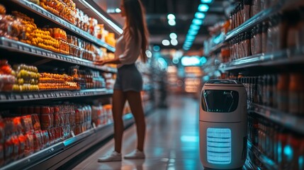 A woman shopping in a grocery store with a robot assistant nearby.