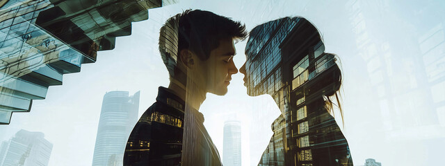 A dreamlike scene of a young couple in love, kissing amidst a fantastical city, where gravity seems to bend and twist.